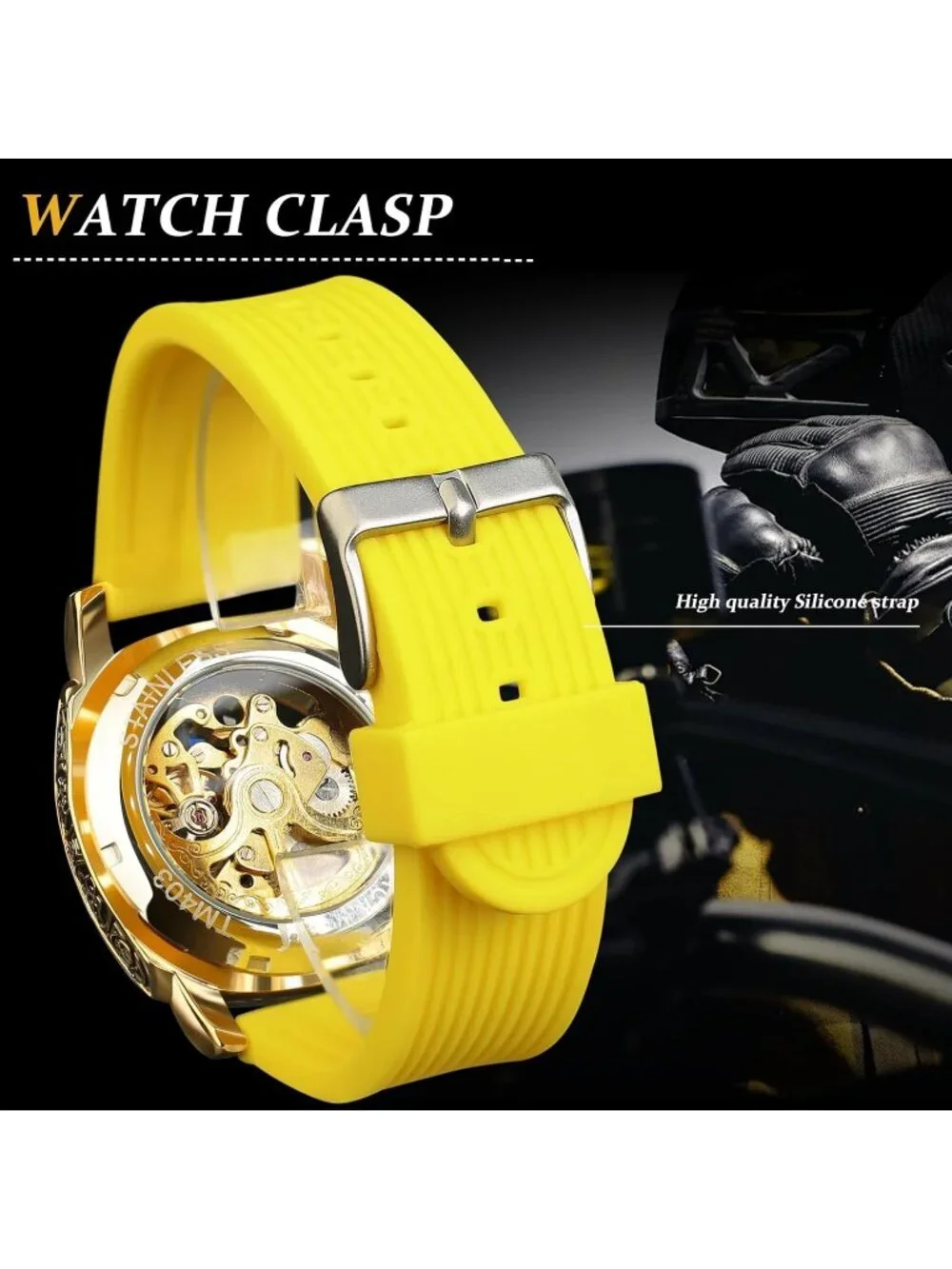 Men's Yellow Square Mechanical Rubber Strap Self-Wind Carved Automatic Watch